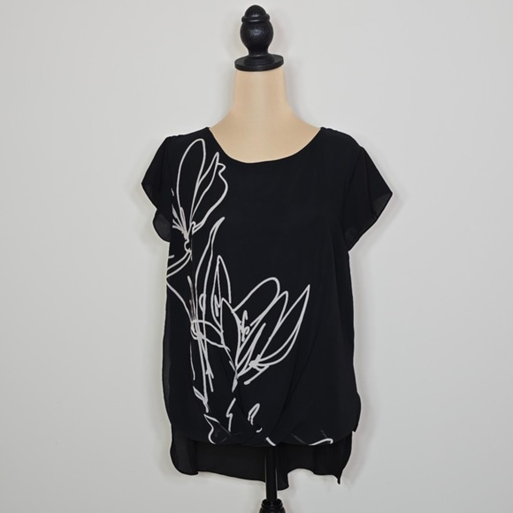 Vince Camuto‎ Black White Floral Twist Front Sheer Sleeve Top Blouse Womens S
